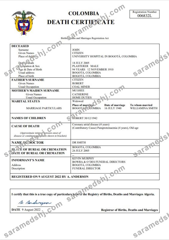 Colombia death certificate Word and PDF template
